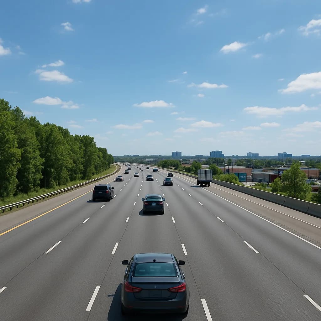 Multi-lane highway with cars and trucks under blue sky with trees on left and city skyline in distance