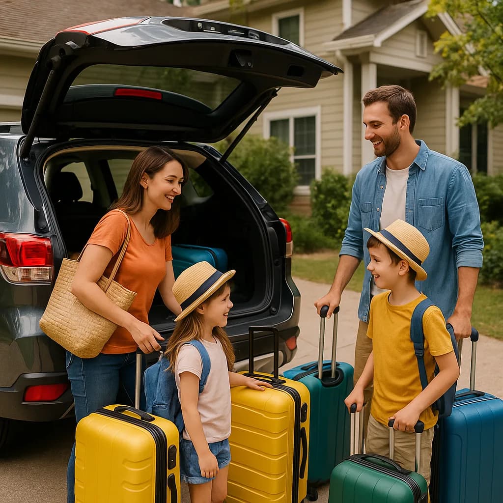 Happy family with colorful suitcases loading car for vacation in front of suburban house