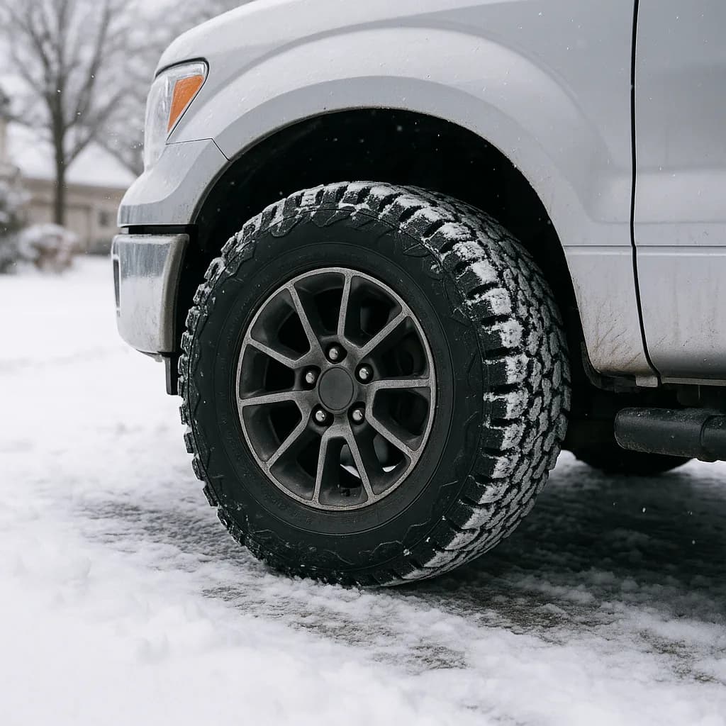 White SUV with all-terrain winter tire covered in snow on icy pavement