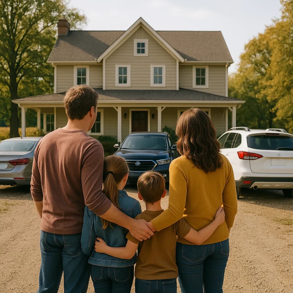 Family of four viewing their new two-story home with wraparound porch surrounded by fall trees