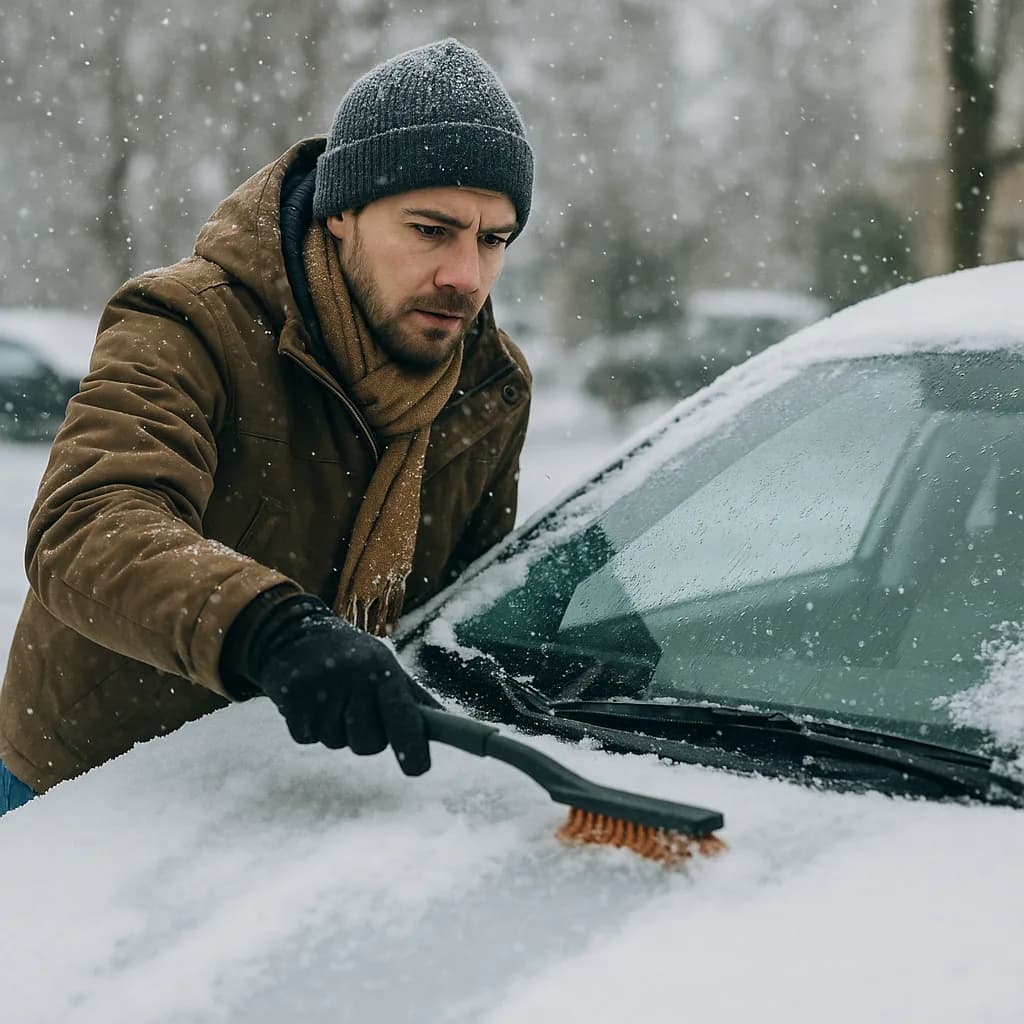 Man in winter clothing brushing snow off car windshield during snowstorm