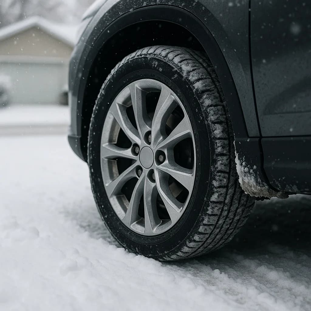 Close-up of car tire with alloy wheel covered in snow on winter road