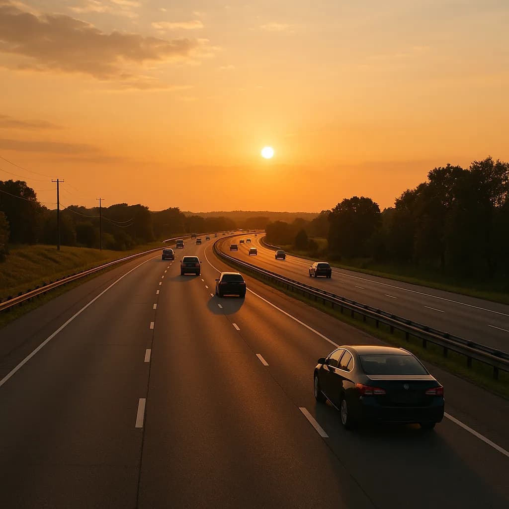 Cars driving on highway at sunset with orange sky and trees lining both sides of the road