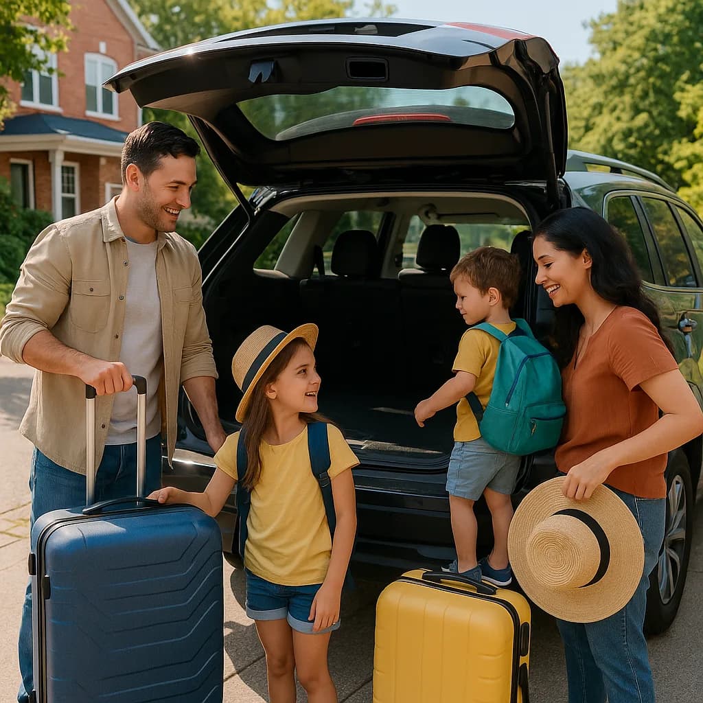 Happy family of four with colorful luggage loading their SUV for a vacation trip in sunny driveway
