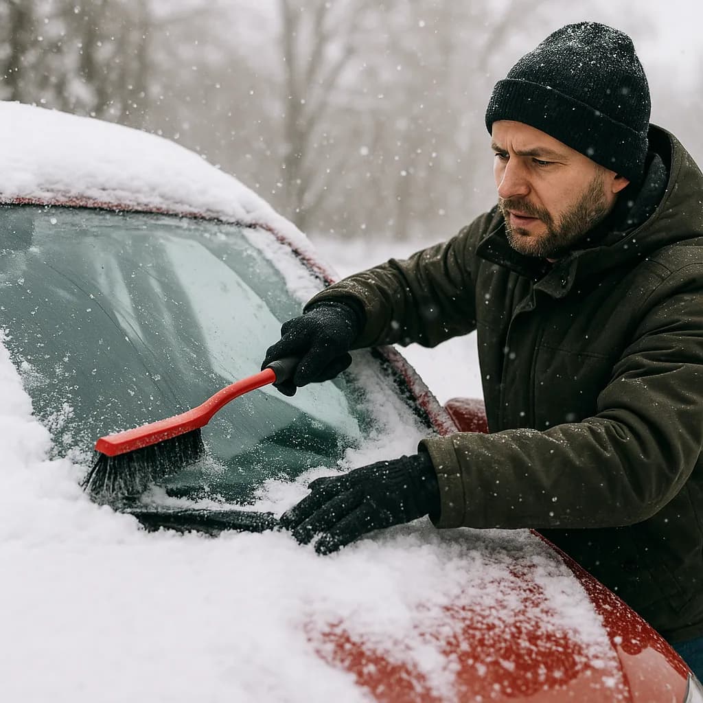 Man in winter coat clearing snow from car windshield with brush during snowfall