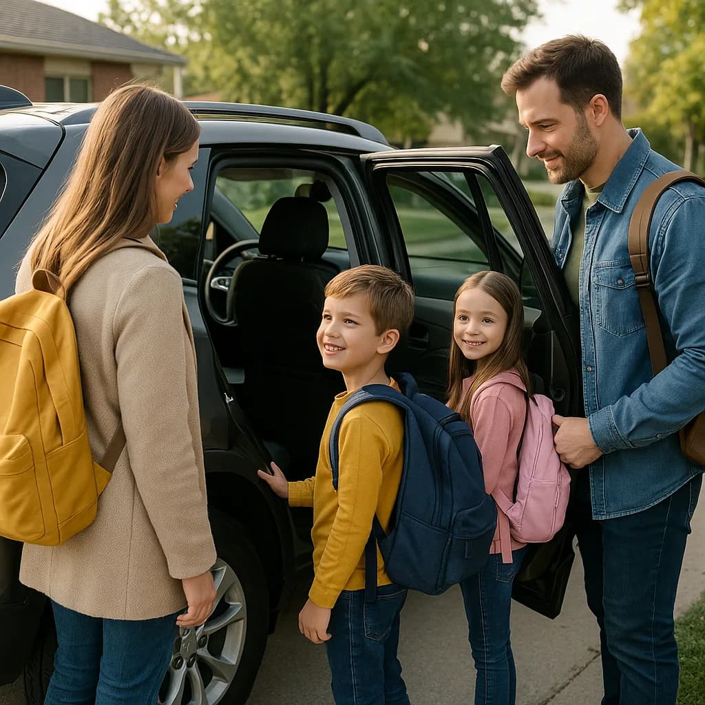 Parents dropping children off at school beside car, kids wearing backpacks smiling