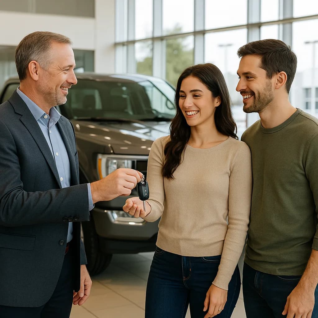 Car salesman handing keys to smiling couple in dealership showroom