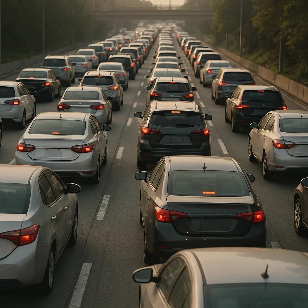 Heavy traffic congestion on multi-lane highway with cars brake lights on during rush hour