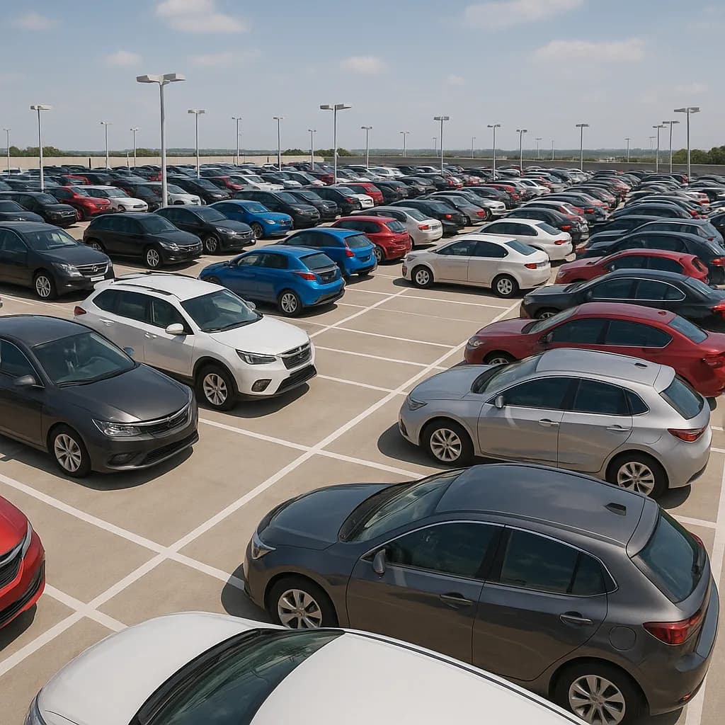 Crowded parking lot filled with colorful cars in marked spaces with street lights overhead