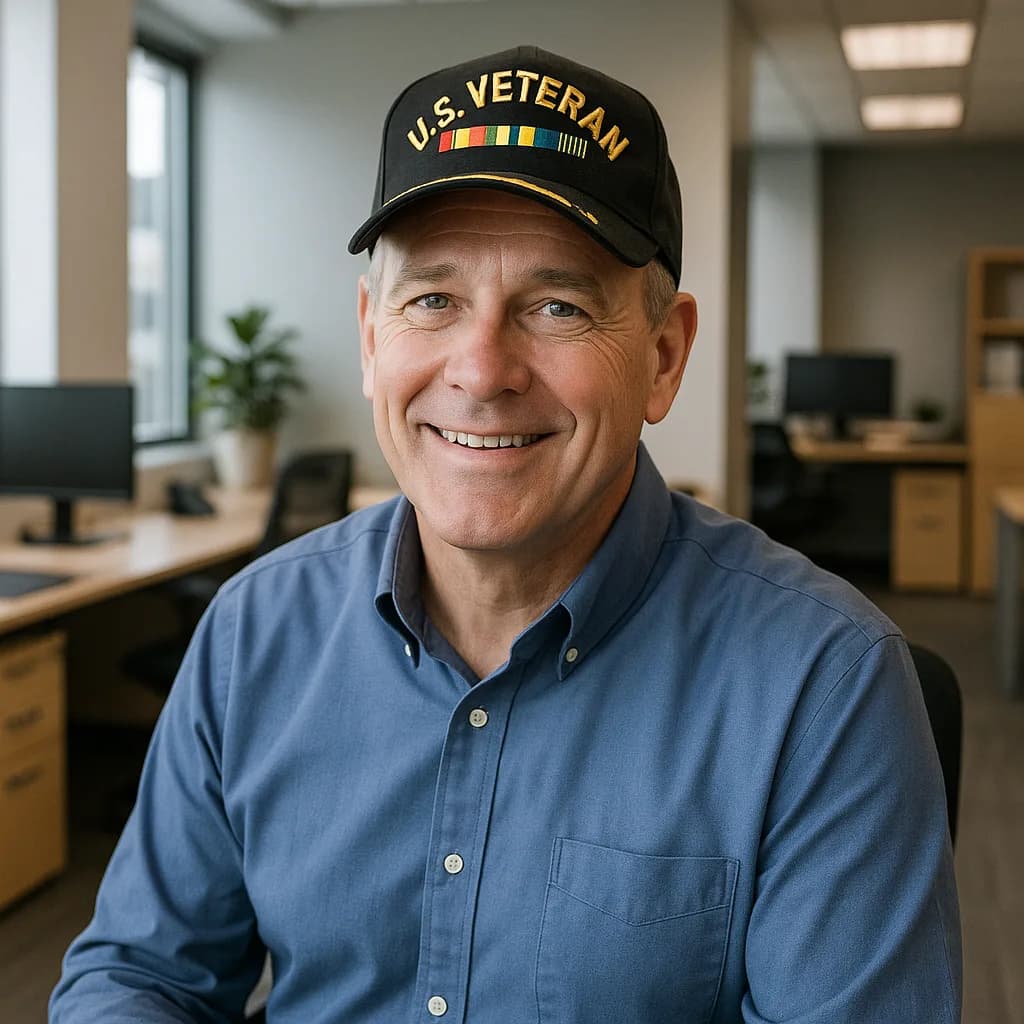 Smiling U.S. military veteran in cap sitting in modern office setting