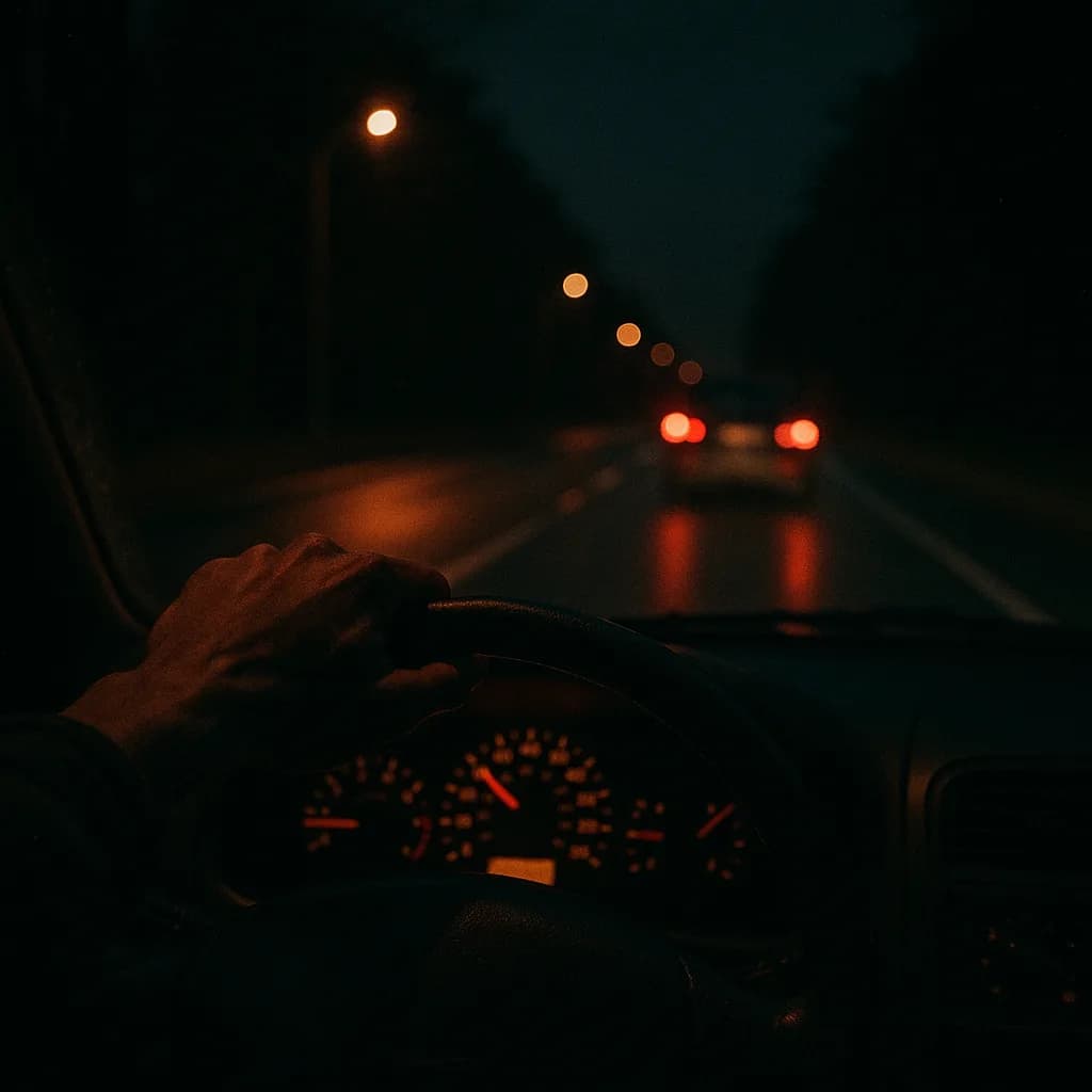Driver's view from inside car at night showing illuminated dashboard and taillights ahead on foggy road