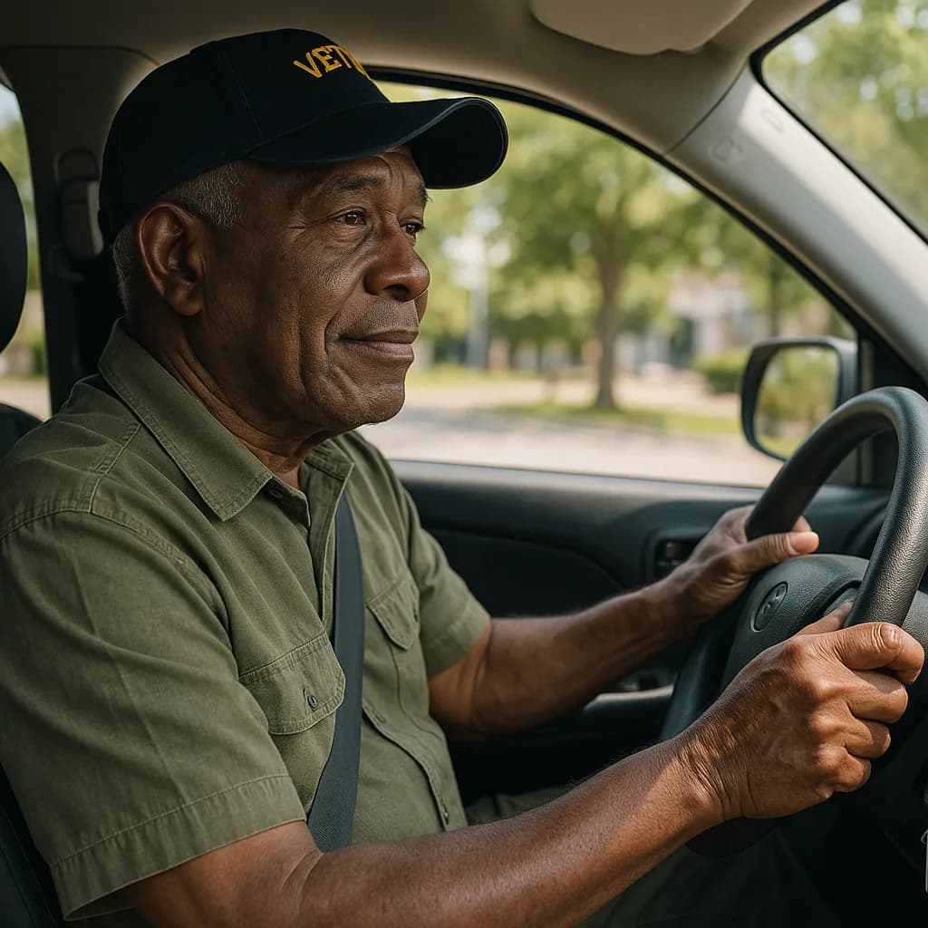 Older veteran man wearing VET cap driving vehicle, viewed from passenger side with trees in background