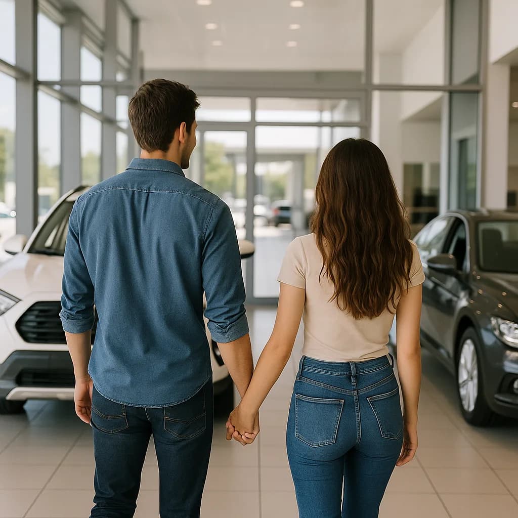 Couple holding hands walking through car dealership showroom viewing vehicles