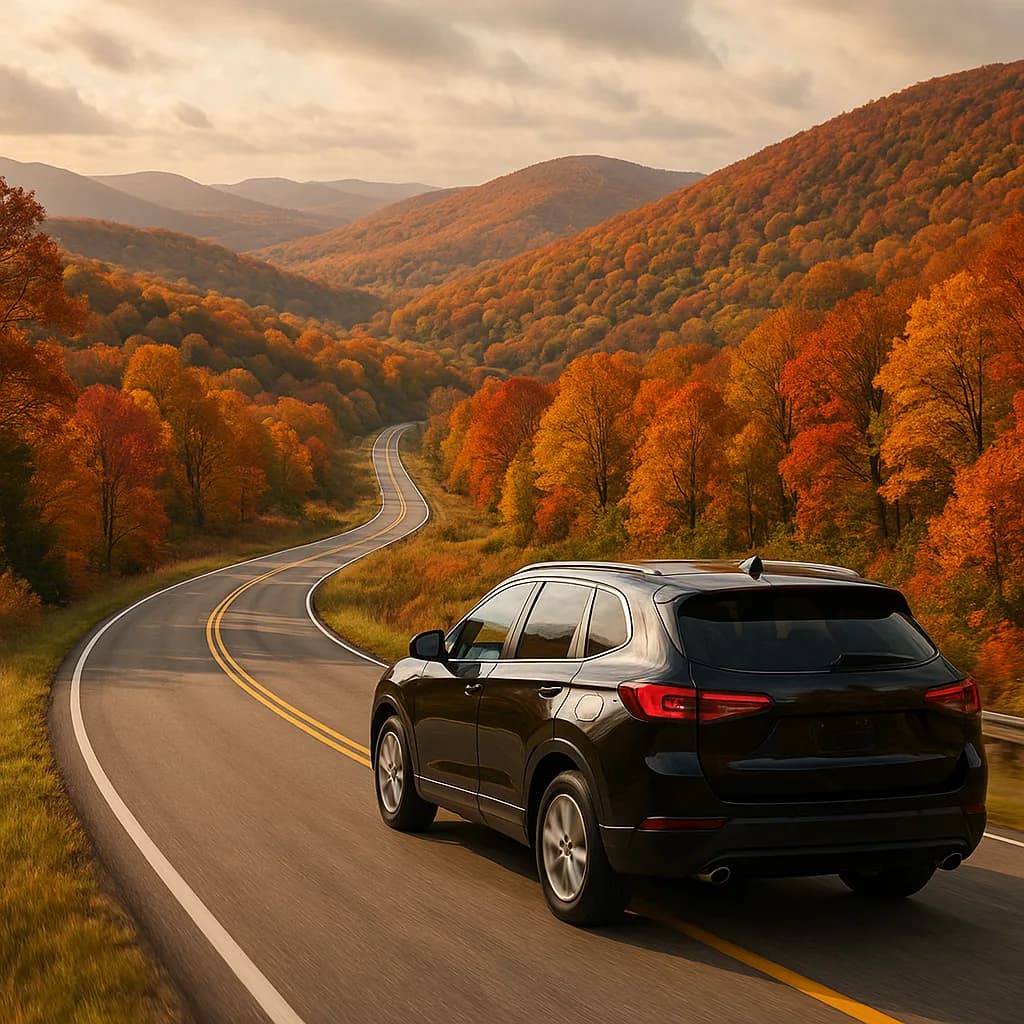 Black SUV driving on curved mountain road through autumn foliage with orange and red trees
