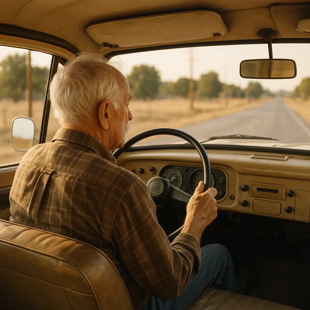 Elderly man driving vintage car on rural road, view from passenger seat with warm golden lighting