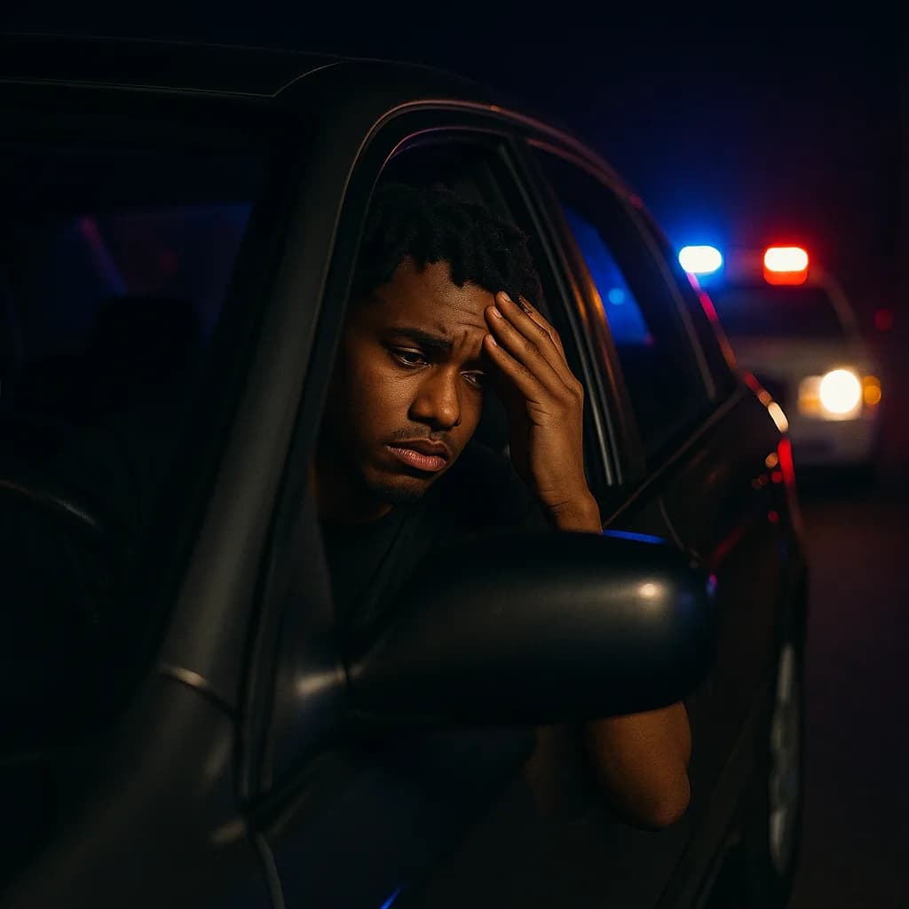 Worried man in car during nighttime police traffic stop with emergency lights visible in background
