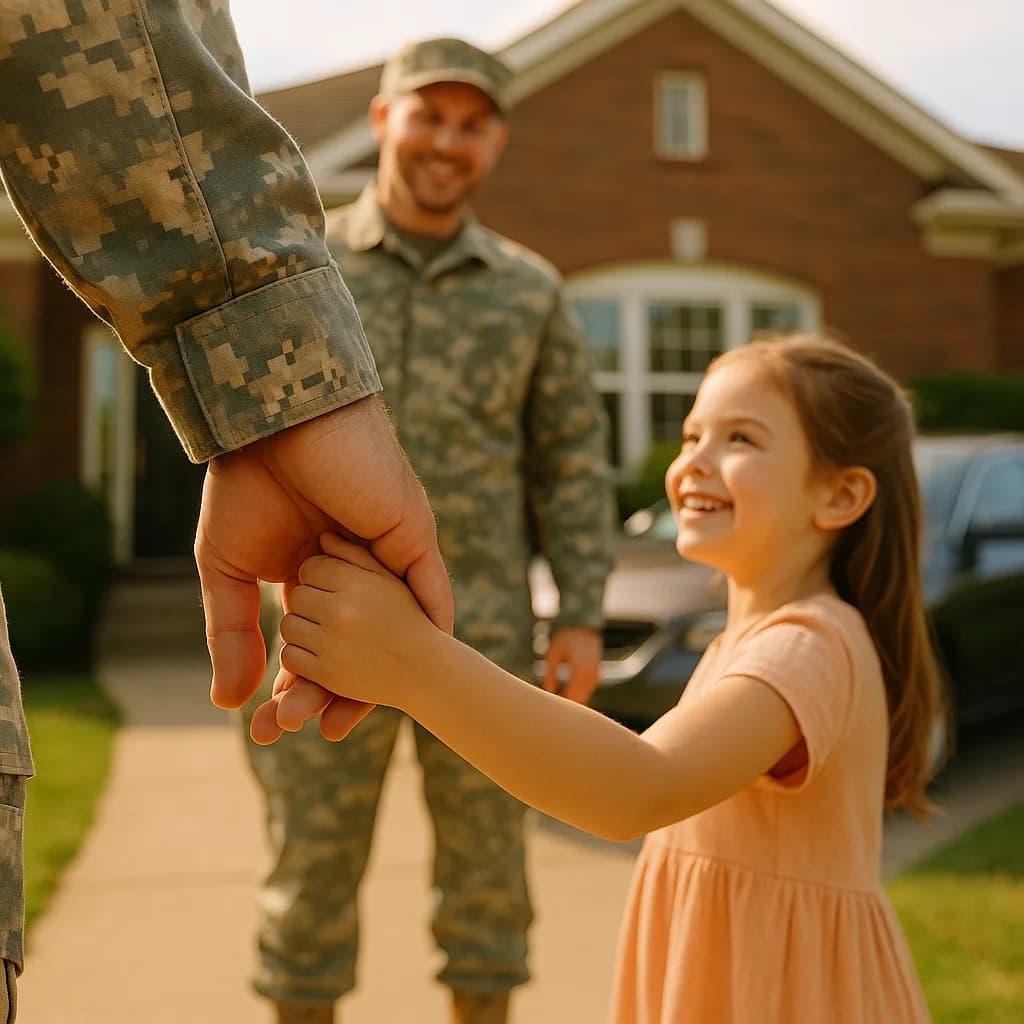 Young girl holding hands with soldier in military uniform during homecoming reunion in front of house