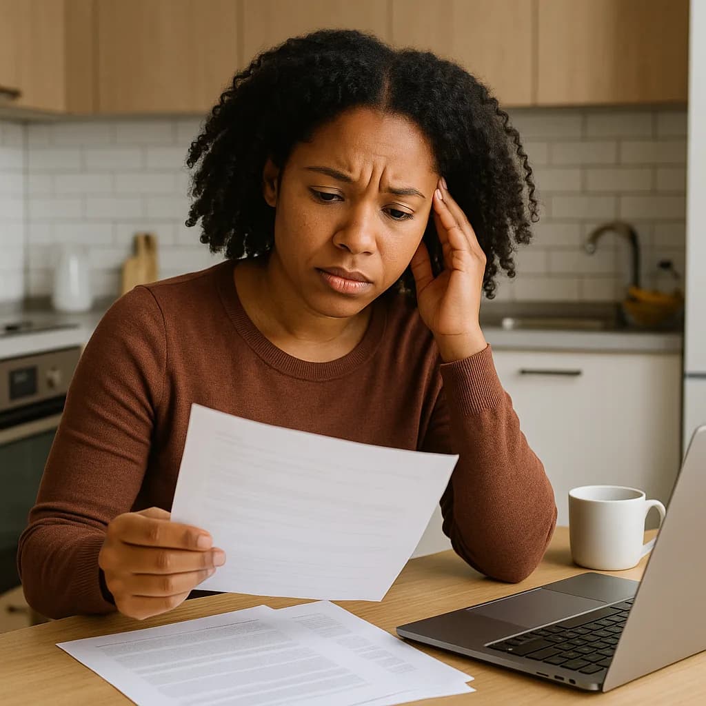 Worried woman reviewing financial documents at kitchen table with laptop and coffee mug