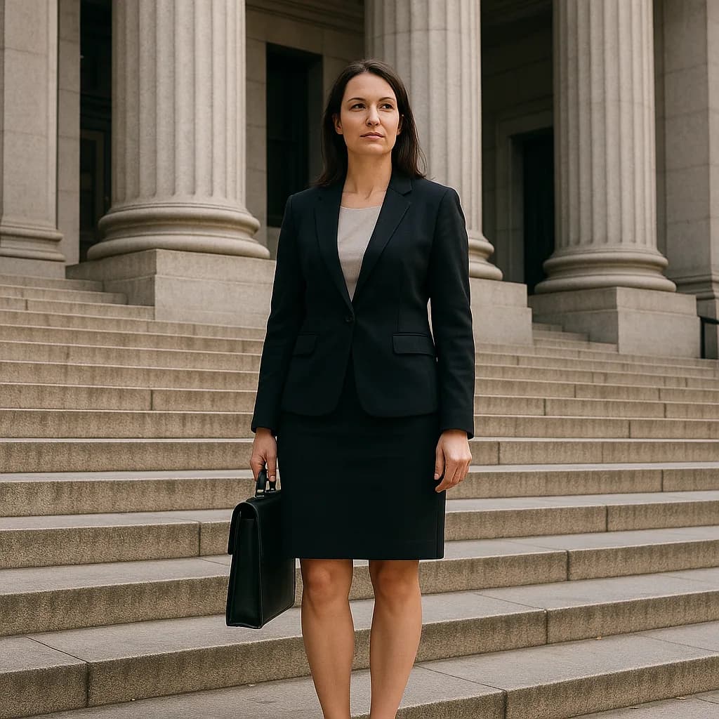 Professional woman in black suit standing on courthouse steps holding briefcase