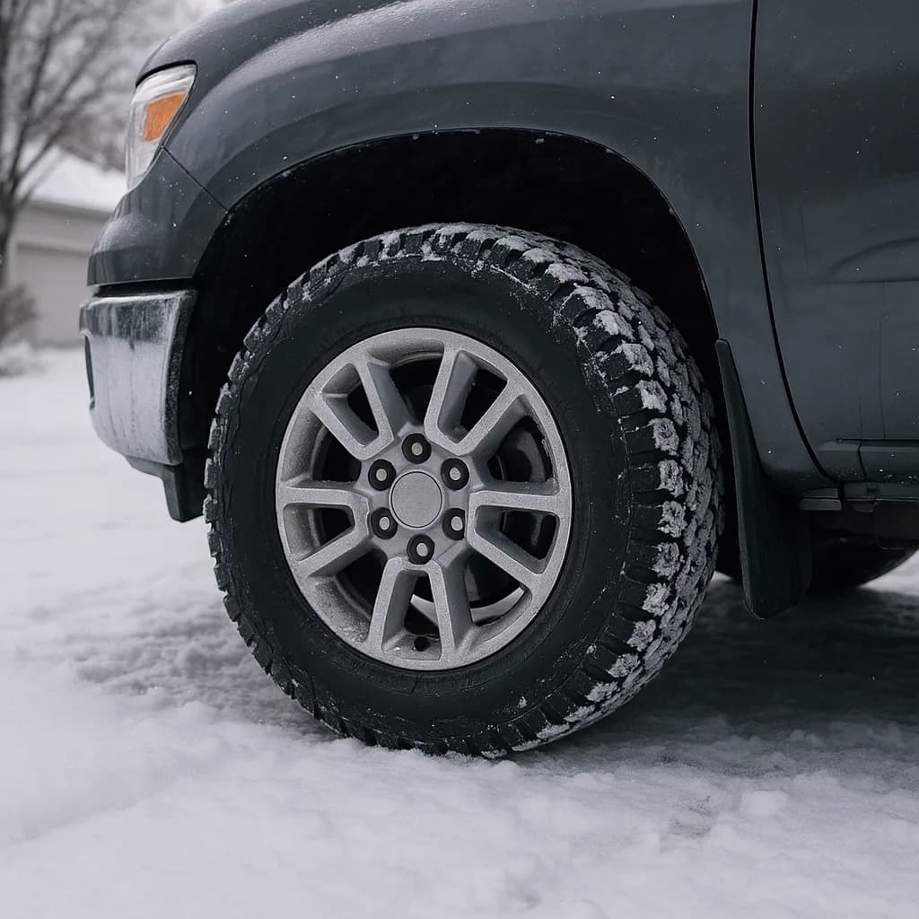 Close-up of SUV wheel with snow-covered tire on winter road