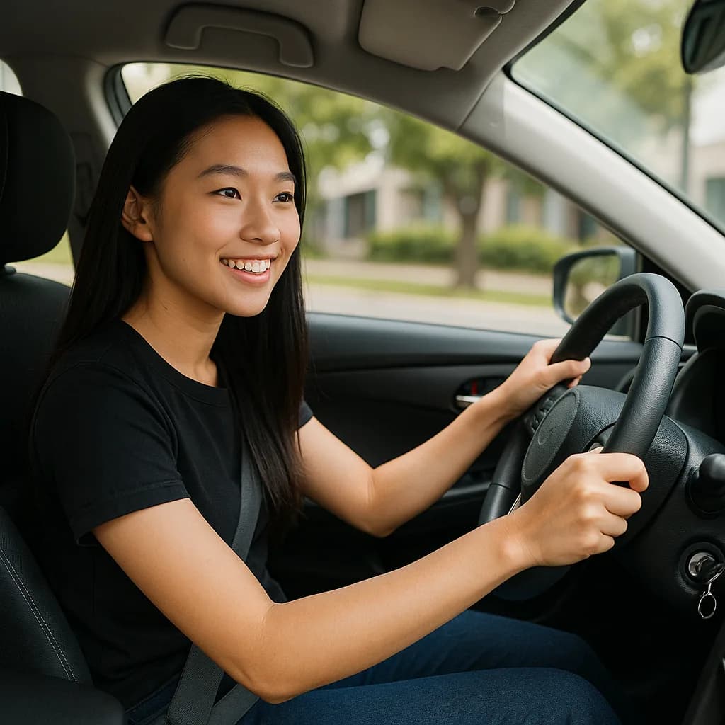 Smiling young woman sitting in driver's seat holding steering wheel in residential area