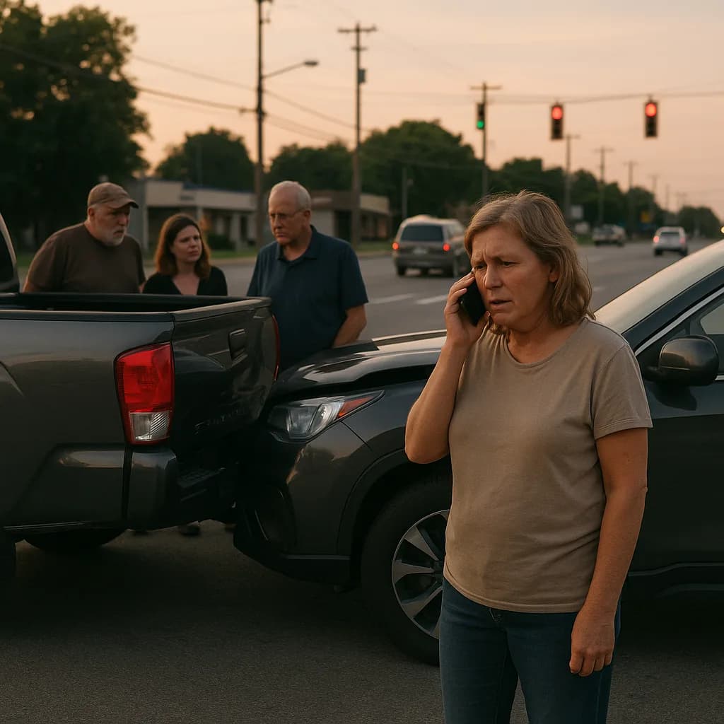 Woman on phone at car accident scene with other people and damaged vehicles at intersection during sunset