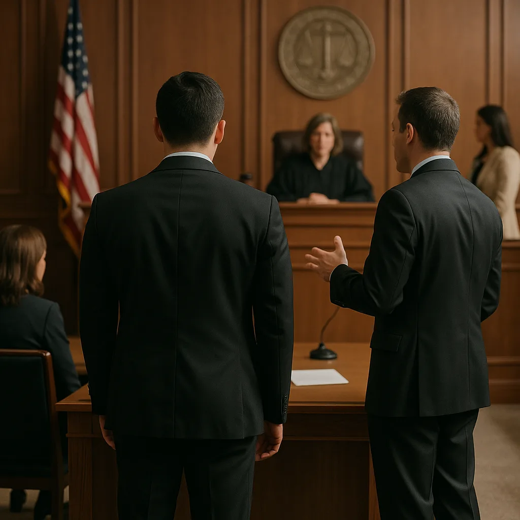 Two lawyers in suits standing before a judge in a traditional American courtroom during legal proceedings