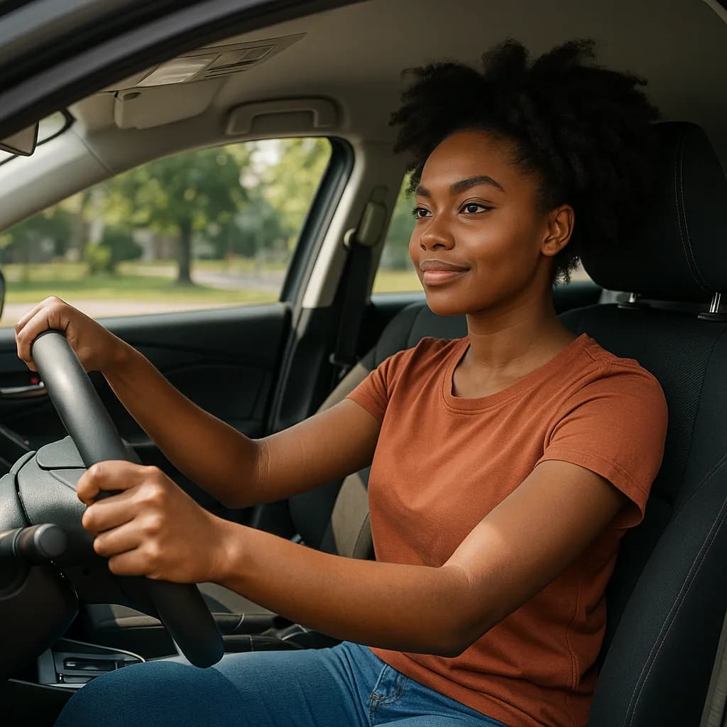 Young woman with curly hair smiling while sitting in driver's seat holding steering wheel
