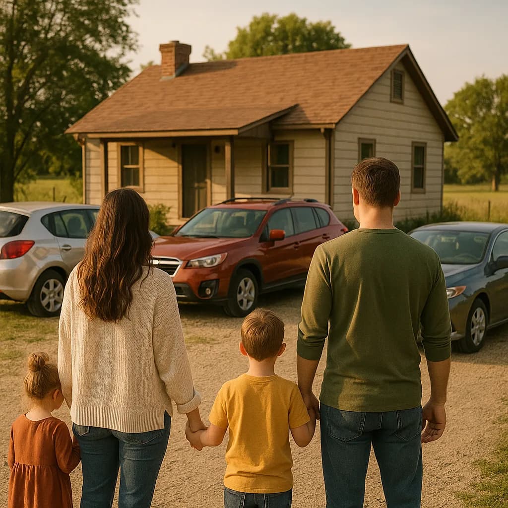 Family of four holding hands looking at small rural house during golden hour