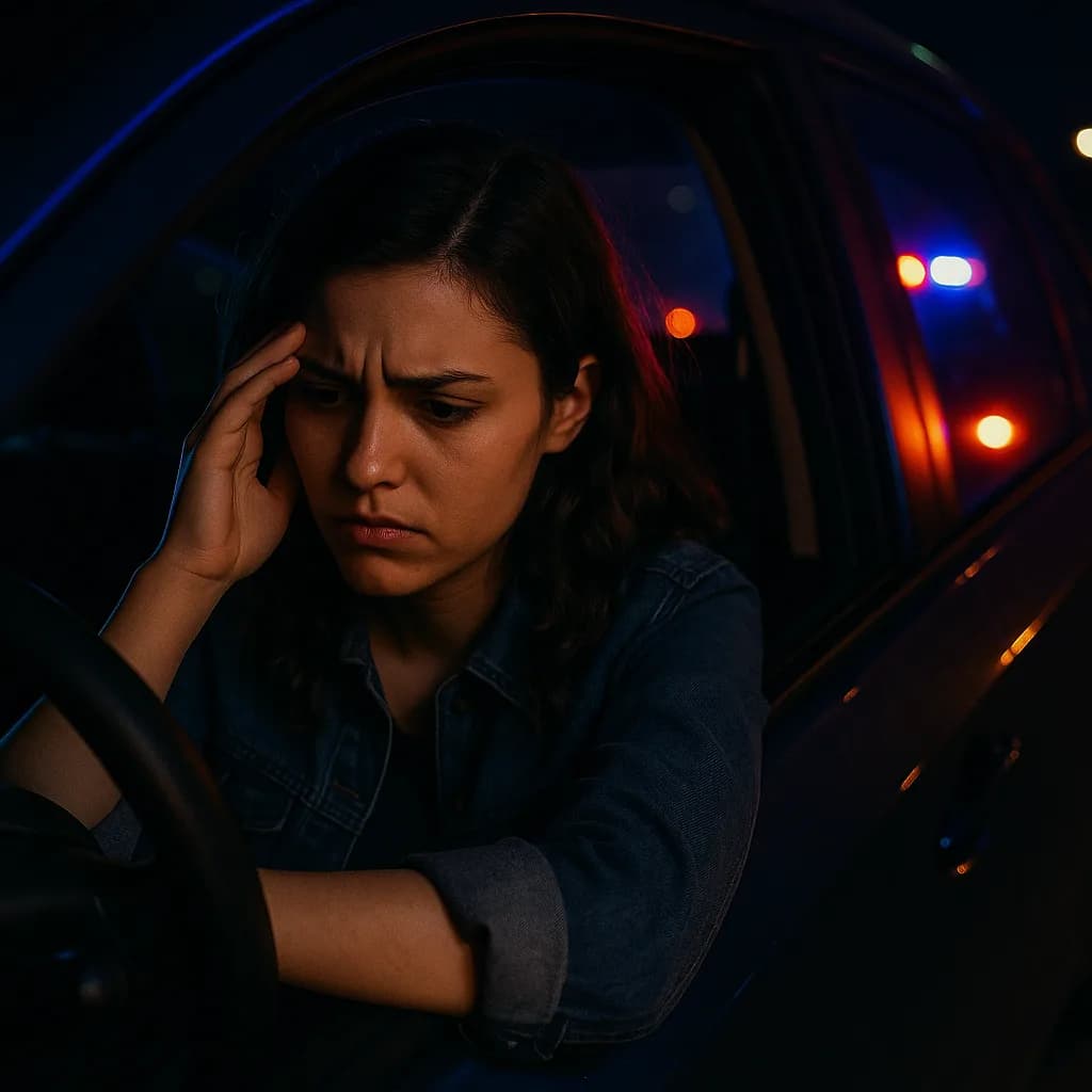 Stressed woman driver at night with hand on forehead showing signs of fatigue or worry in dark car interior