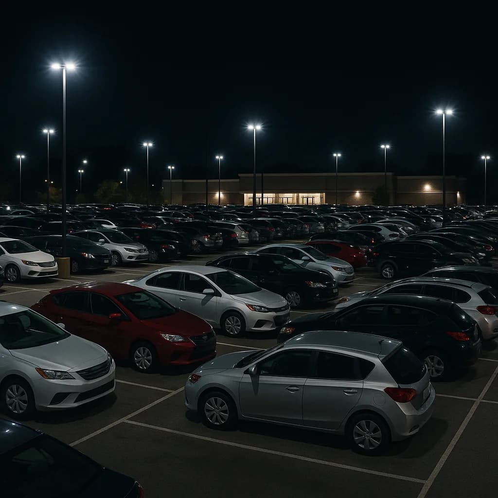 Crowded parking lot at night with tall light poles illuminating rows of parked cars and commercial building