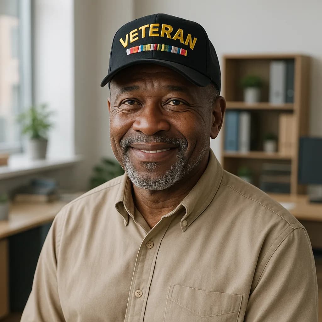 Smiling African American military veteran wearing veteran cap and tan shirt in home setting