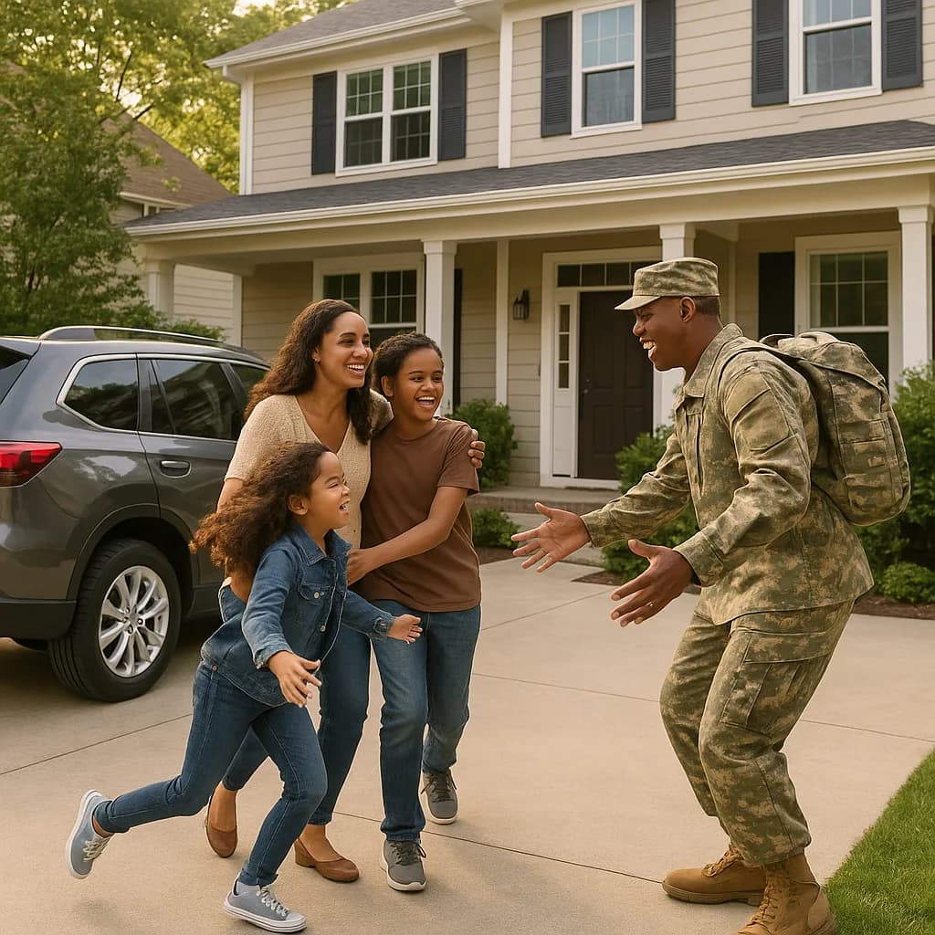 Military service member in uniform reuniting with happy family outside suburban home