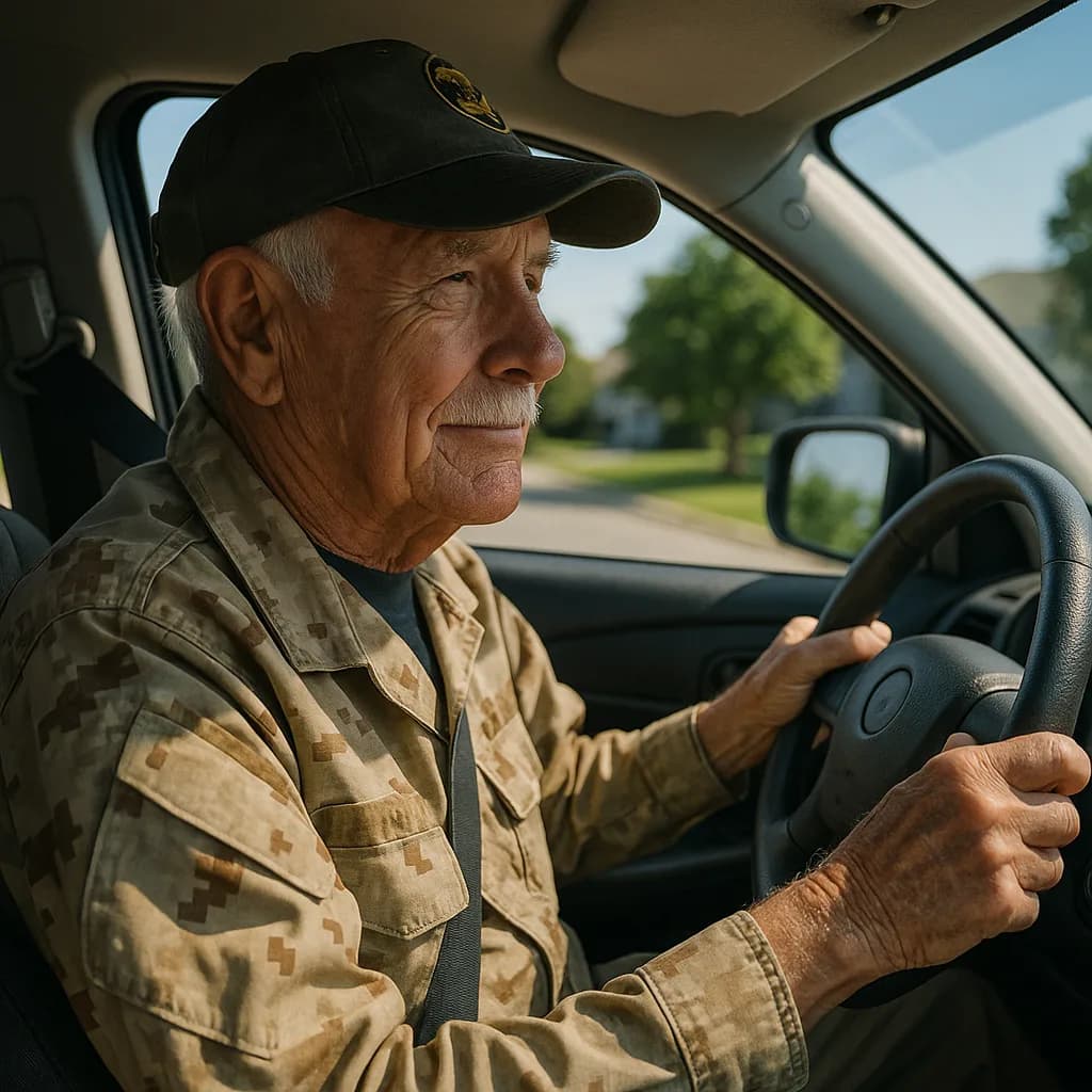 Elderly veteran in military uniform driving a vehicle on a residential street