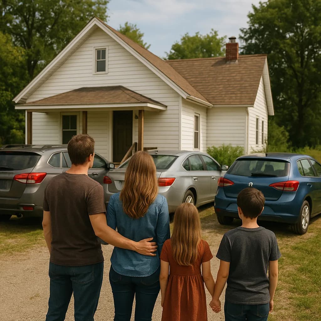 Family of four viewing white cottage house from behind with parked cars in driveway