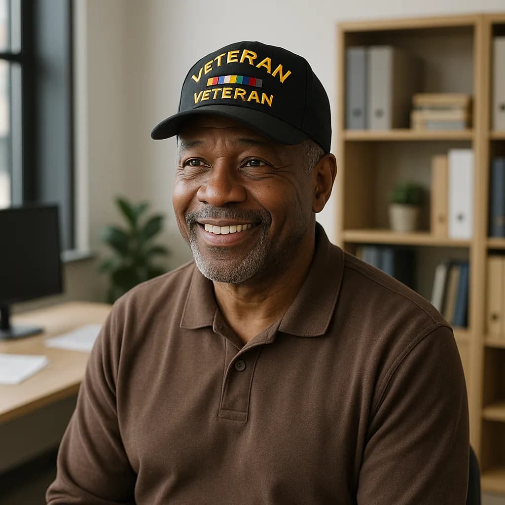 Smiling African American veteran wearing Veteran cap in brown polo shirt, indoor portrait