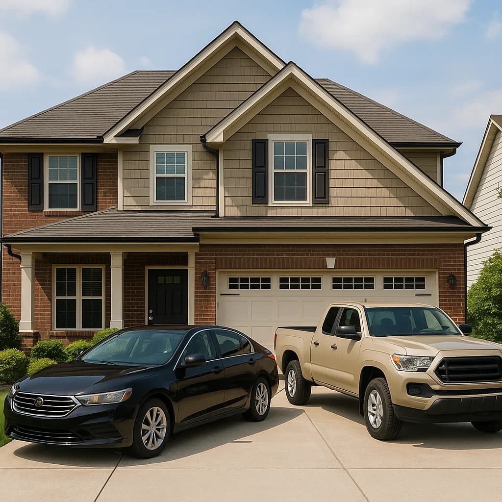 Two-story suburban house with brick and siding exterior, two cars parked in driveway