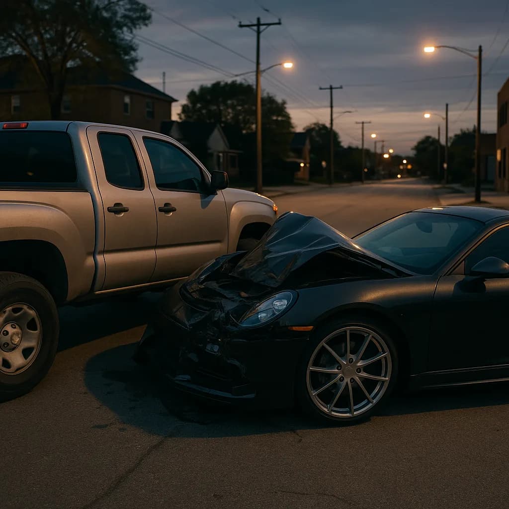 Car accident scene at dusk showing damaged sports car and pickup truck on residential street