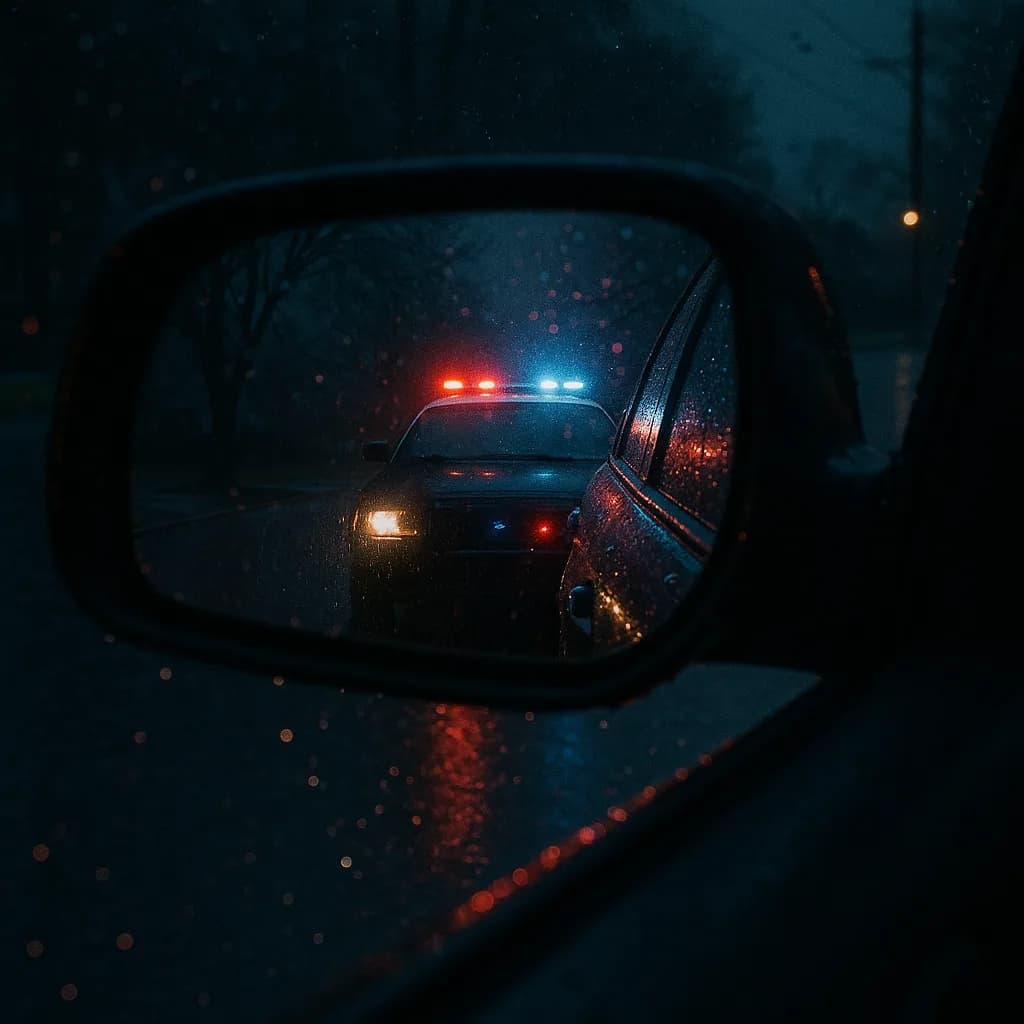 Police car with flashing lights reflected in rainy side mirror at night