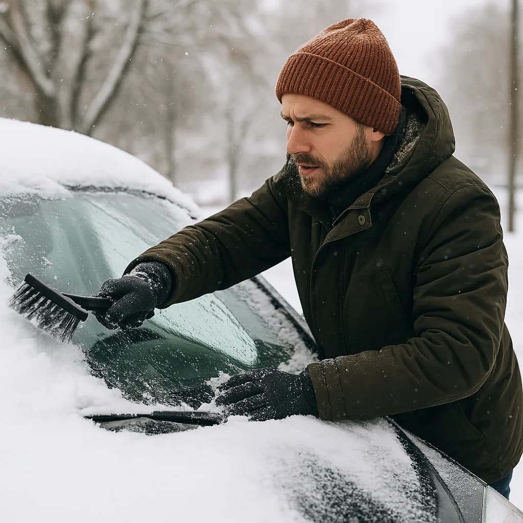 Man in brown beanie and green jacket brushing snow off car windshield in winter