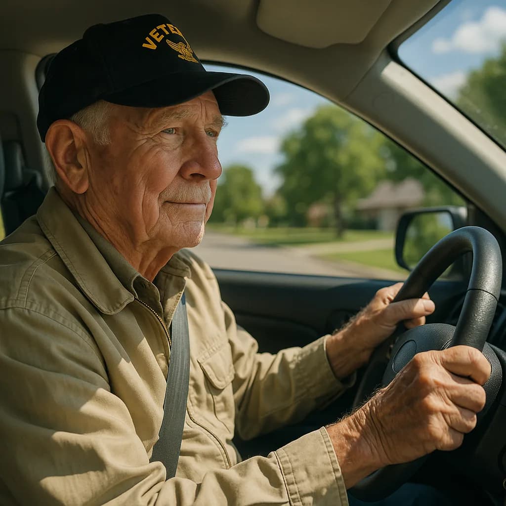Elderly veteran wearing VET cap driving car in suburban neighborhood