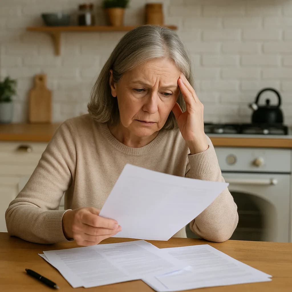 Worried senior woman reviewing bills and documents at kitchen table with hand on forehead showing stress