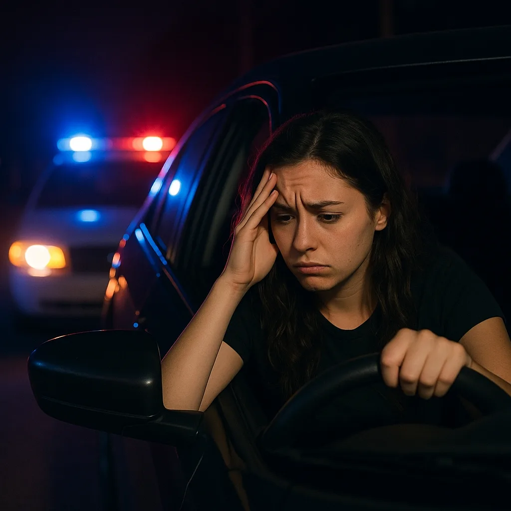 Stressed woman in car at night with police lights flashing behind her