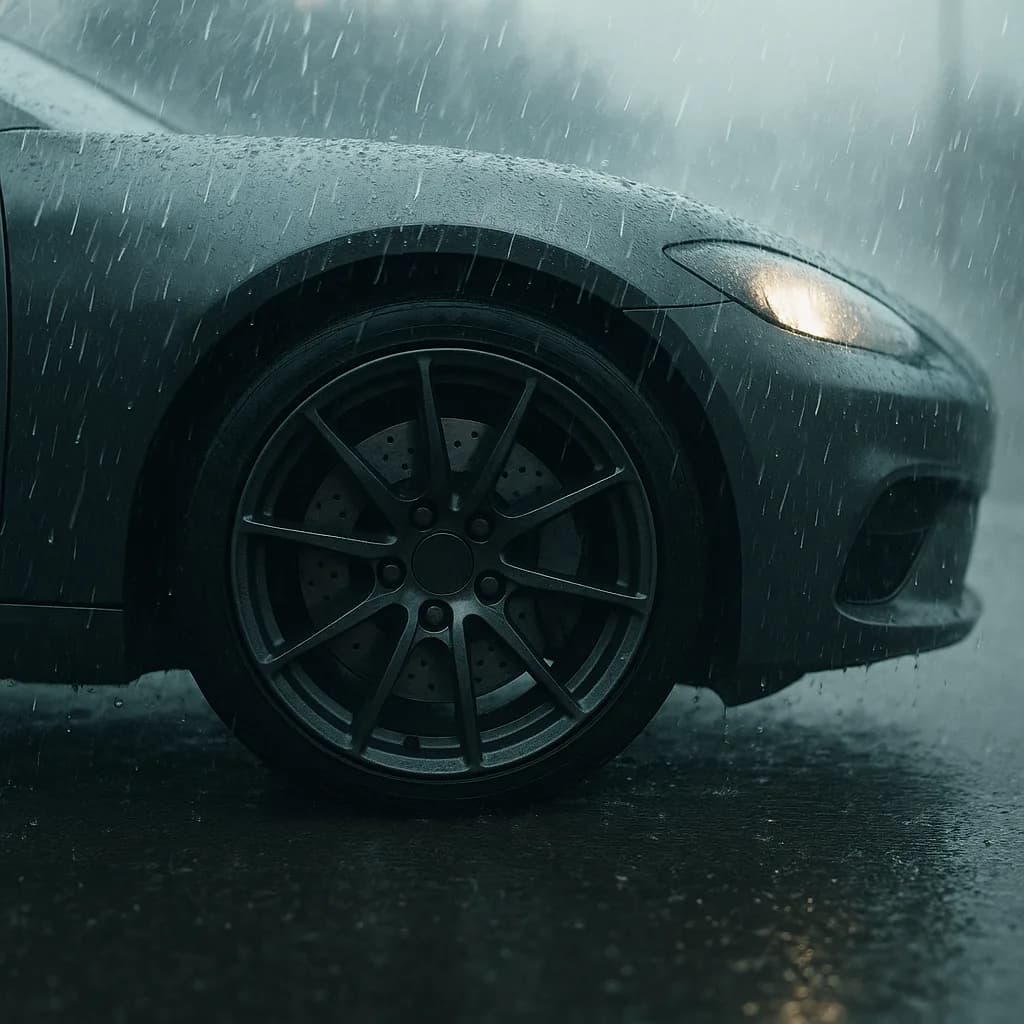 Sports car wheel with black alloy rim in heavy rain on wet pavement