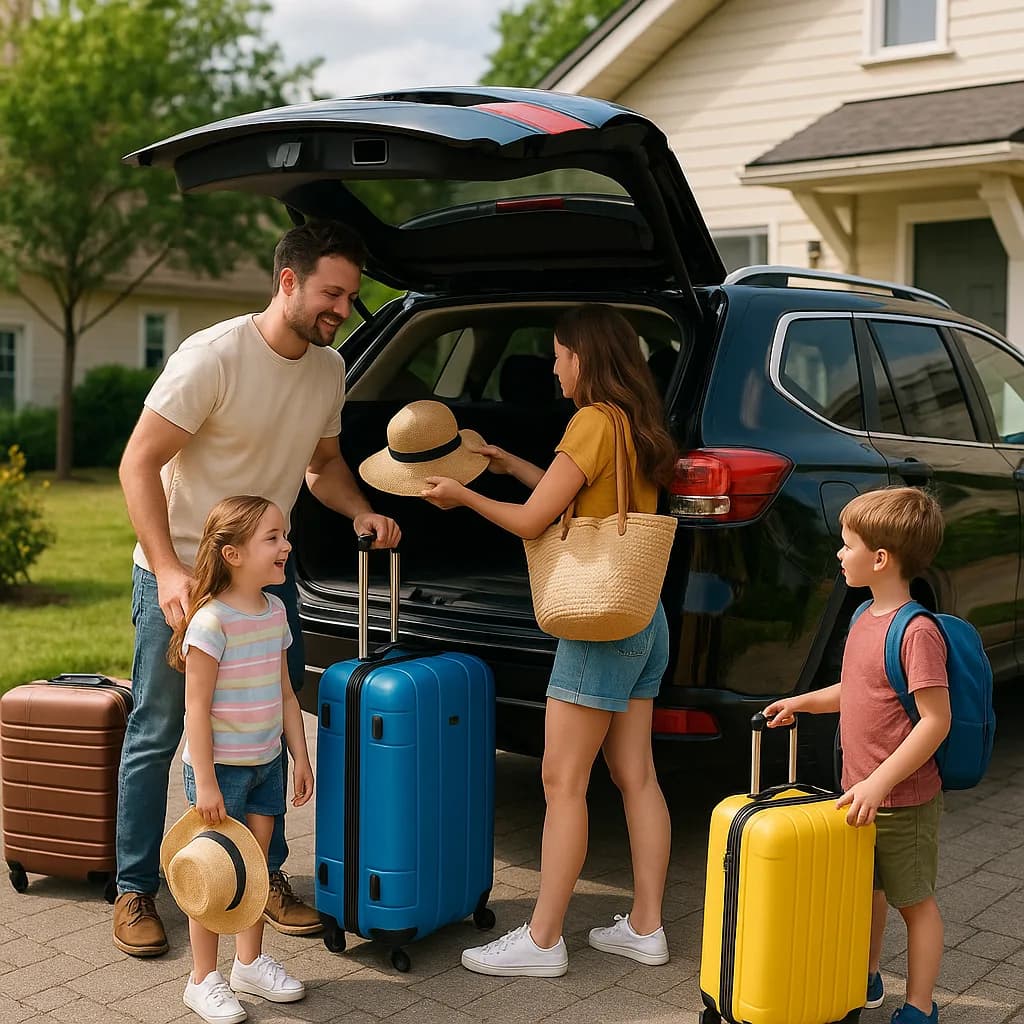 Family loading colorful suitcases into car trunk preparing for vacation in front of suburban home