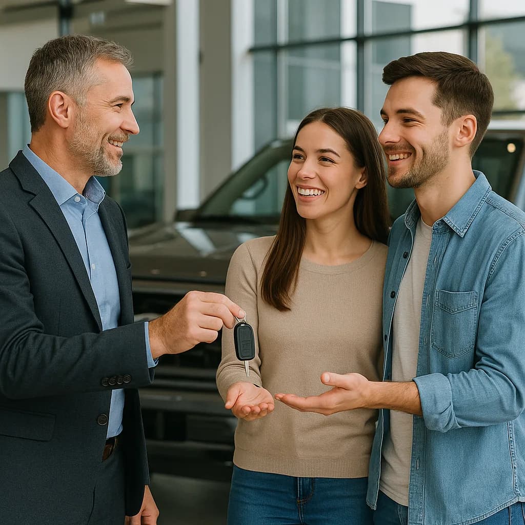 Car salesman handing keys to smiling couple at dealership showroom